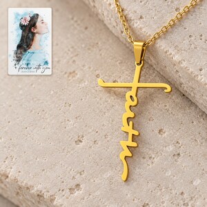 Faith Together Cross Necklace Set shown in a close macro view highlighting the visible texture, texture and construction details. A personalized digital greeting card is shown alongside.
