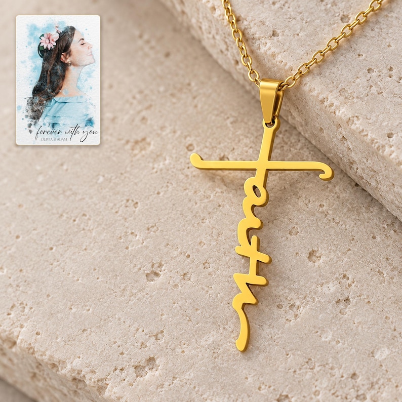Faith Together Cross Necklace Set shown in a close macro view highlighting the visible texture, texture and construction details. A personalized digital greeting card is shown alongside.