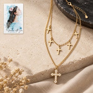 Golden Faith Layered Cross Necklace shown in a close macro view highlighting the visible texture, texture and construction details. A personalized digital greeting card is shown alongside.