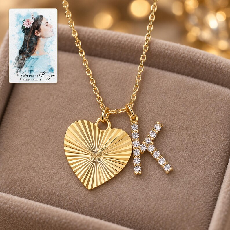 K Initial Heart Necklace, evening style view. A personalized digital greeting card is shown alongside.