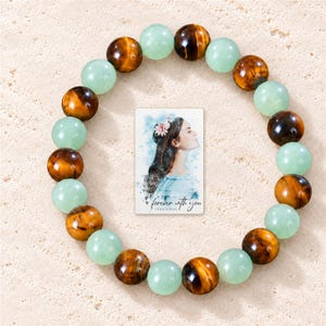Forest Amber Bead Bracelet shown as the main Etsy hero photograph with a clear view of the complete design. A personalized digital greeting card is shown alongside.