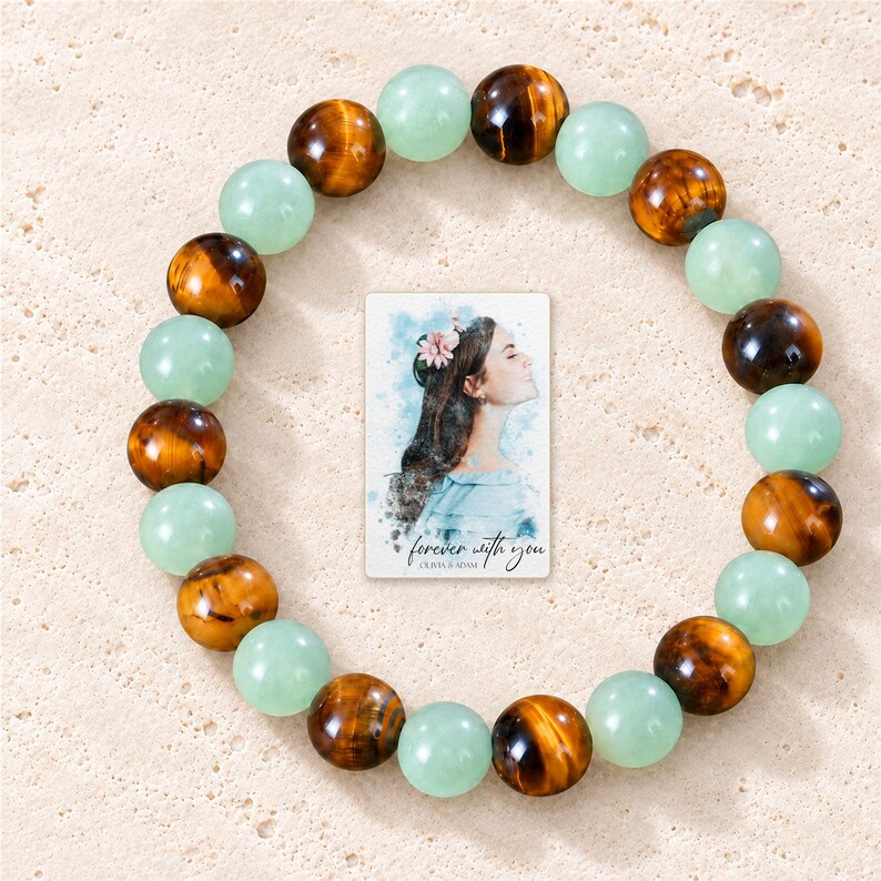 Forest Amber Bead Bracelet shown as the main Etsy hero photograph with a clear view of the complete design. A personalized digital greeting card is shown alongside.