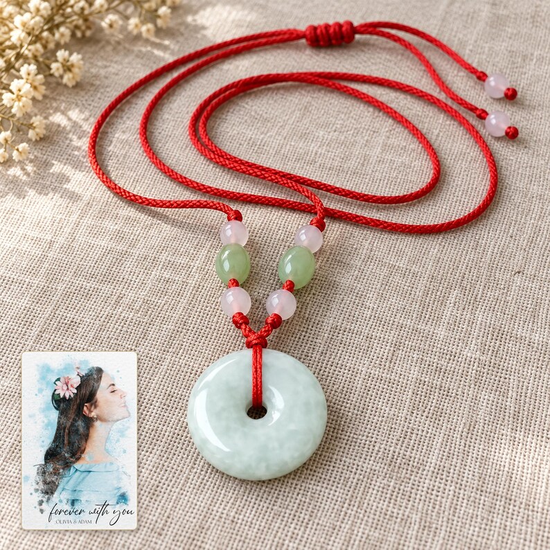 Peace Circle Green Cord Necklace arranged on soft ivory linen in a refined neutral flat lay. A personalized digital greeting card is shown alongside.