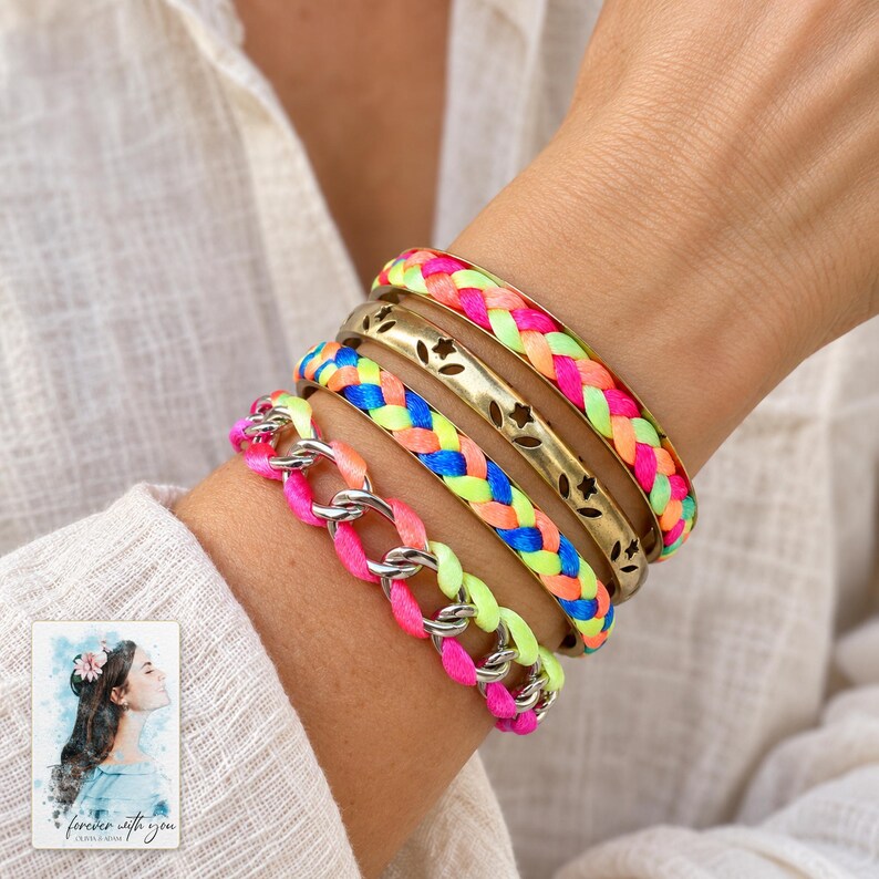 Colorful Woven Bracelet Set, worn by an adult. A sample personalized digital greeting card is shown alongside.