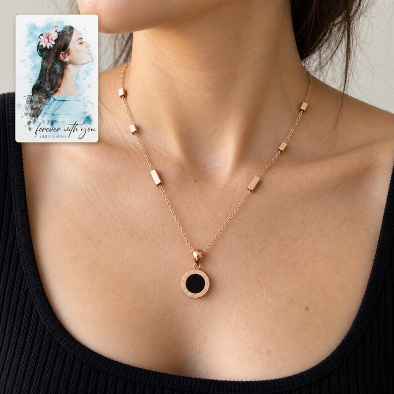 Roman Numeral Necklace, worn lifestyle view. A personalized digital greeting card is shown alongside.