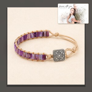 Purple rectangular-bead cord bracelet with a square decorative detail, dark-bordered product view. A personalized greeting-card example appears in the corner.