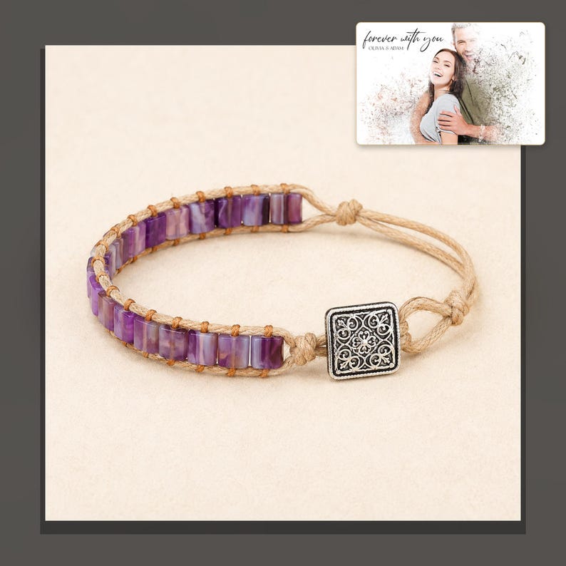 Purple rectangular-bead cord bracelet with a square decorative detail, dark-bordered product view. A personalized greeting-card example appears in the corner.