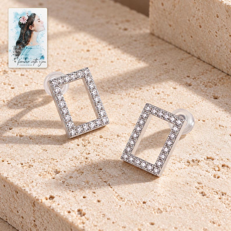 Rectangle Moissanite Stud Earrings, shown in natural light. A sample personalized digital greeting card is shown alongside.