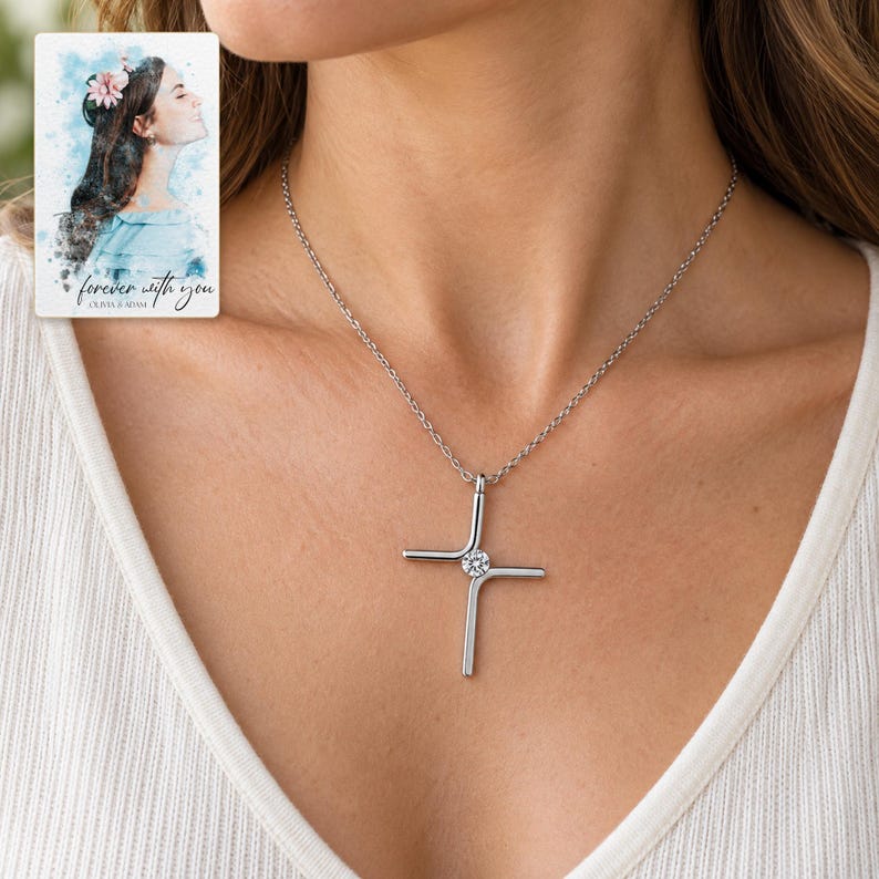 Cross Pendant Necklace, worn by an adult. A sample personalized digital greeting card is shown alongside.