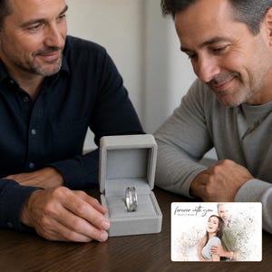 Clear Accent Line Ring shown during a believable gift-giving moment between adults with the exact jewelry visible.