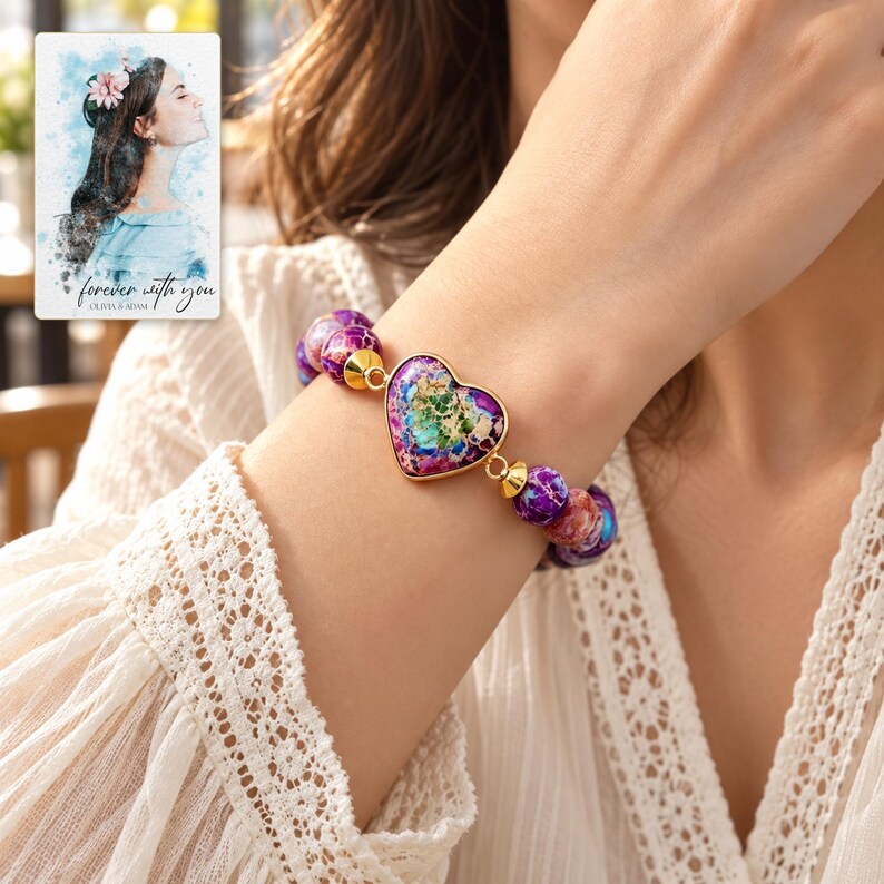 Imperial Mosaic Heart Bracelet worn by an adult in a natural daytime lifestyle scene. A personalized digital greeting card is shown alongside.