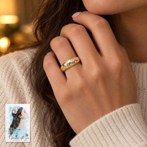 Star Set Moissanite Ring, worn with evening clothing. A sample personalized digital greeting card is shown alongside.