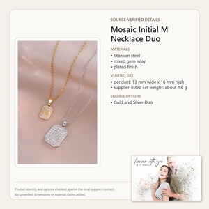 May include: A Mosaic Initial M Necklace Duo featuring two rectangular pendants with mixed gem inlays and a plated finish. One pendant is gold-toned and the other is silver-toned, each measuring 13 mm wide by 16 mm high, weighing about 4.6 g.