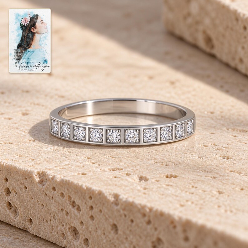 Moissanite Band Ring, shown in natural light. A sample personalized digital greeting card is shown alongside.