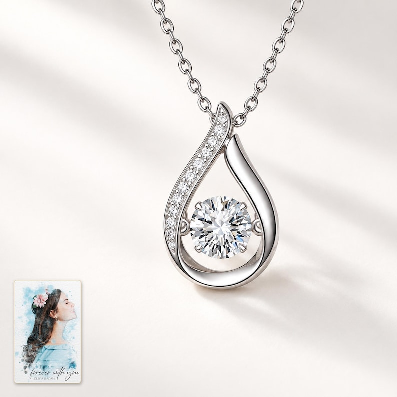 Moissanite Teardrop Necklace, shown against a light background. A sample personalized digital greeting card is shown alongside.