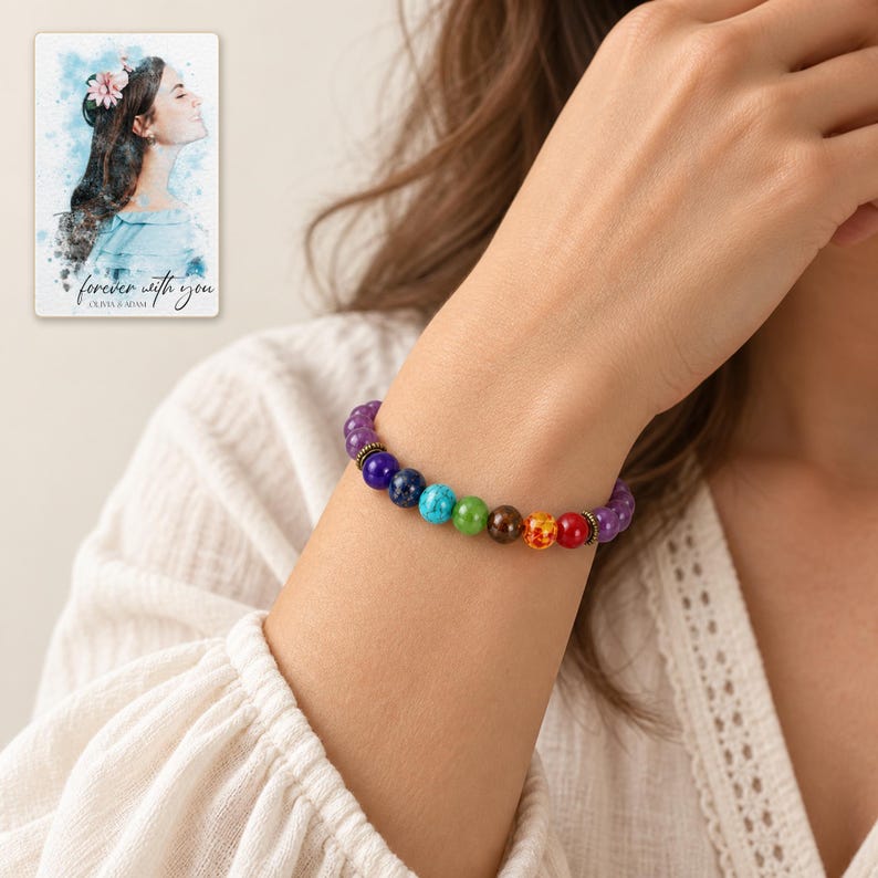 Violet Spectrum Cord Bracelet worn by an adult model for styling and everyday styling. A personalized digital greeting card is shown alongside.