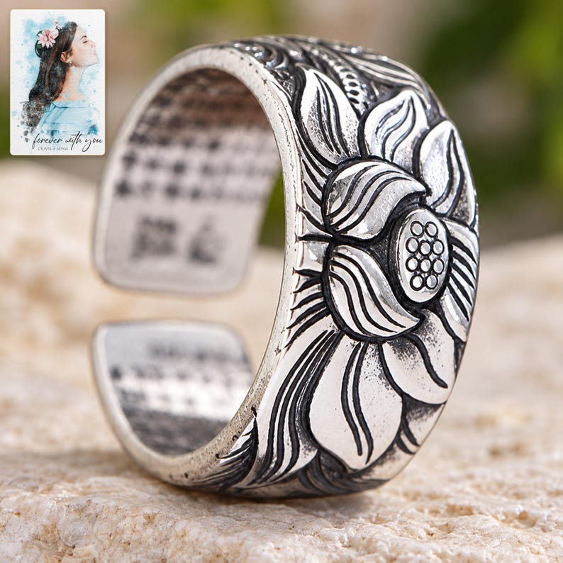 Lotus Flower Open Ring, shown on a display surface. A sample personalized digital greeting card is shown alongside.