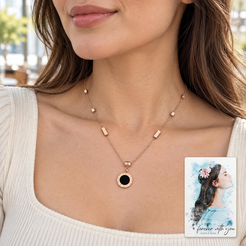 Roman Numeral Necklace, human lifestyle view. A personalized digital greeting card is shown alongside.