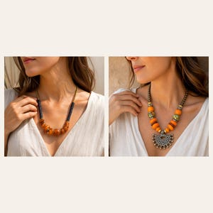 May include: Two necklaces shown on a white top. The left necklace features dark beads and amber-coloured stones. The right necklace displays bright orange beads, patterned accents, and a large, silver-toned, semi-circular metal pendant.