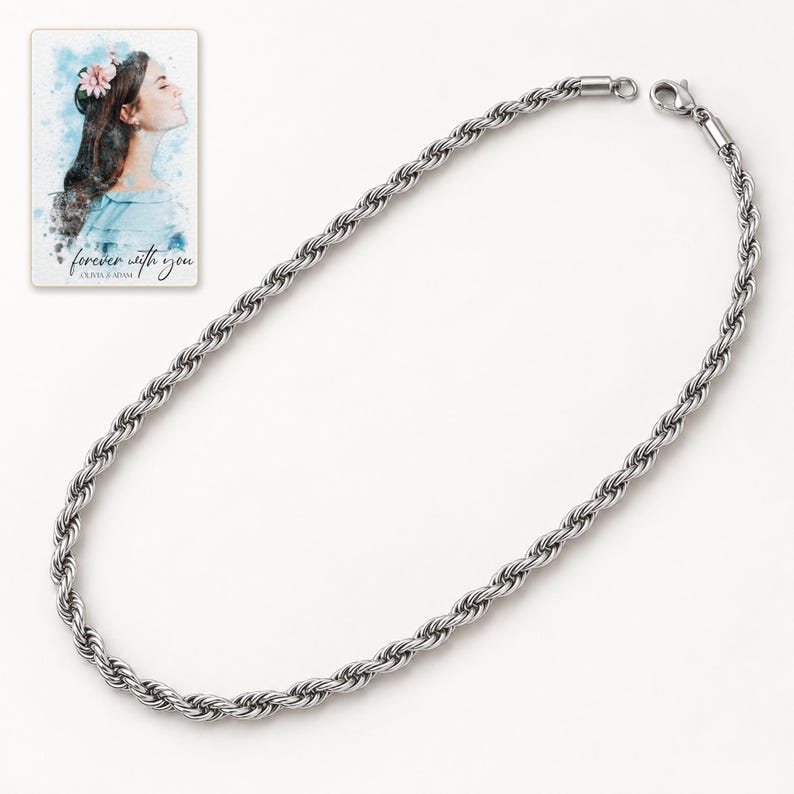 Single silver-tone rope necklace laid in an elongated oval on an ivory-white background. A personalized digital greeting card is shown alongside.