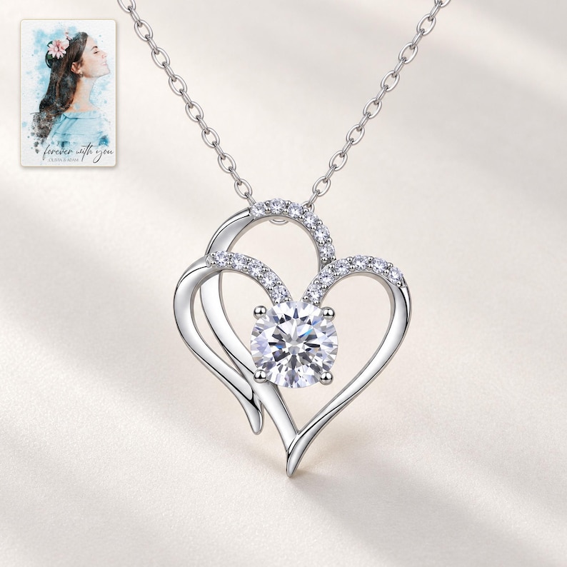 Double Heart Pendant Necklace, shown against a light background. A sample personalized digital greeting card is shown alongside.