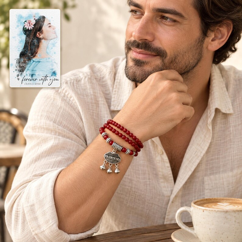 Crimson Agate style Charm Wrap Bracelet worn by an adult in a natural daytime lifestyle scene. A personalized digital greeting card is shown alongside.