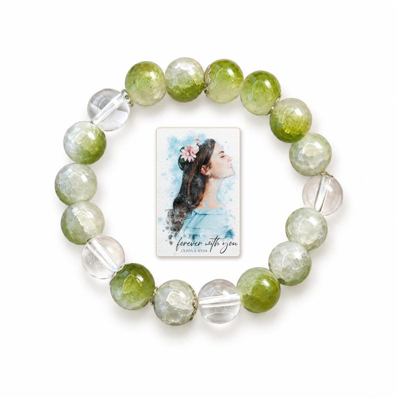 Forest Dew Bead Bracelet shown on a clean white catalog background for an unobstructed product view. A personalized digital greeting card is shown alongside.