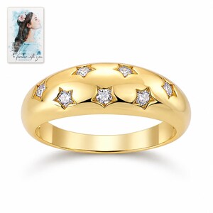 Star Set Moissanite Ring, shown against a light background. A sample personalized digital greeting card is shown alongside.