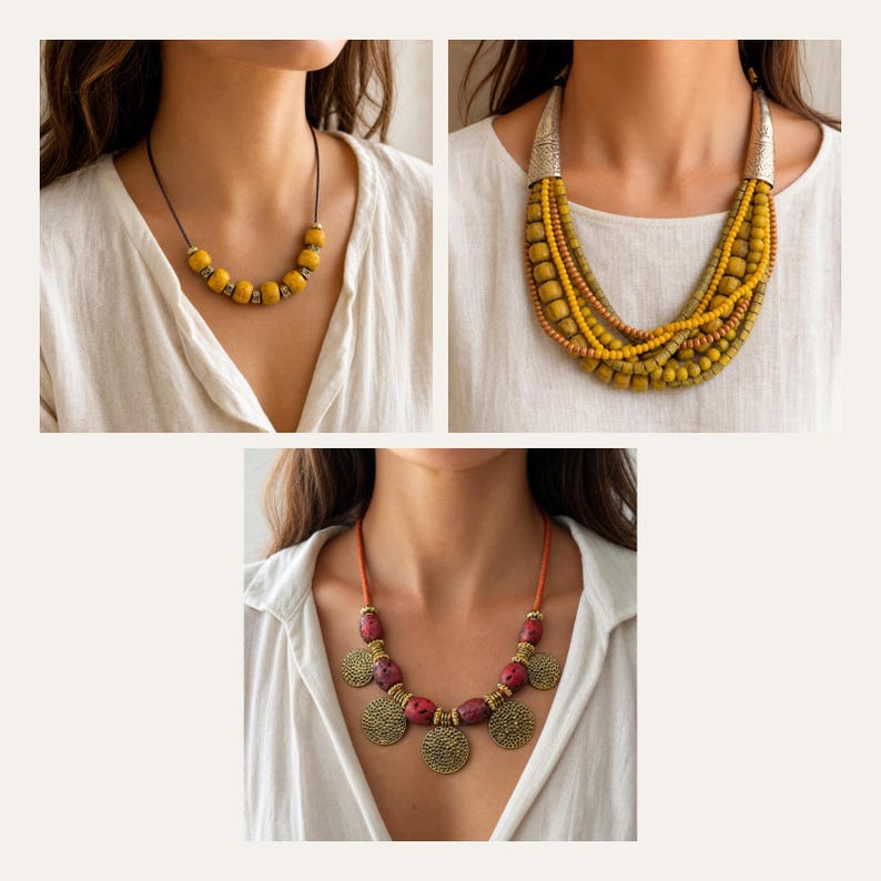 May include: A collection of three necklaces: one with yellow beads on a dark cord, one with multiple strands of yellow and brown beads featuring silver-toned end caps, and one with pink speckled beads and gold-toned textured circular pendants.