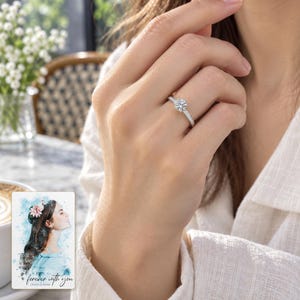 Moissanite Solitaire Ring, worn with daytime clothing. A sample personalized digital greeting card is shown alongside.