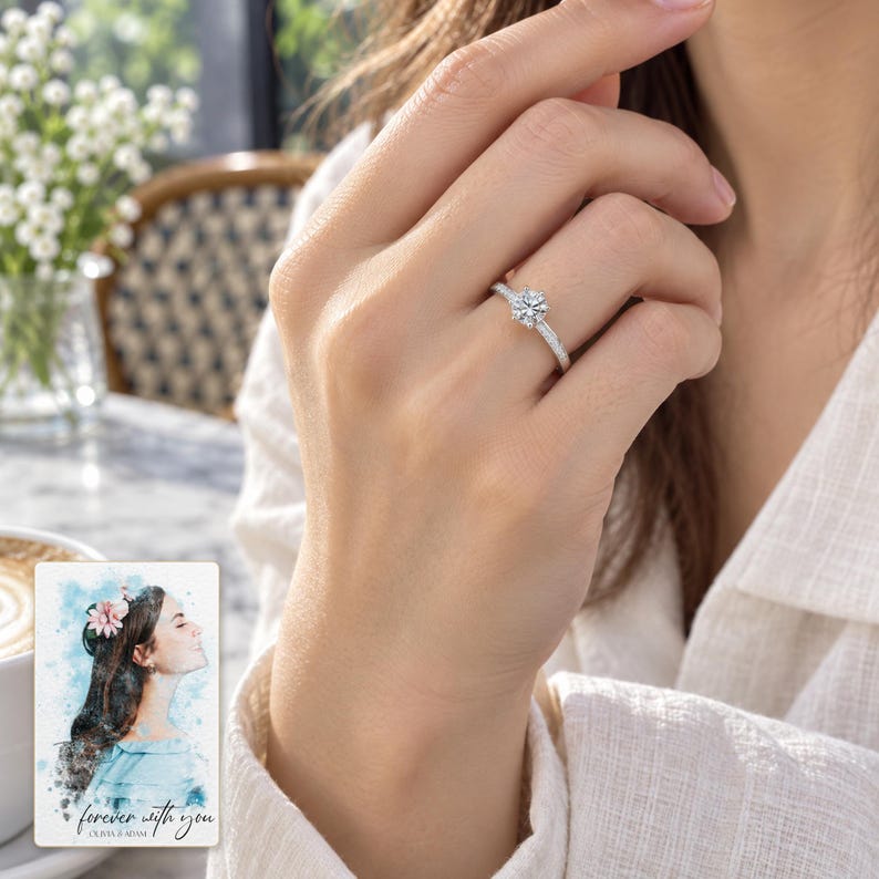Moissanite Solitaire Ring, worn with daytime clothing. A sample personalized digital greeting card is shown alongside.