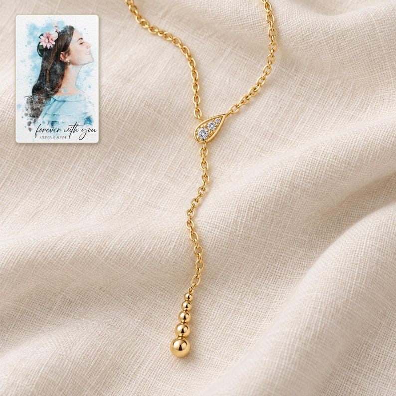 Moissanite Y Necklace, linen flatlay view. A personalized digital greeting card is shown alongside.