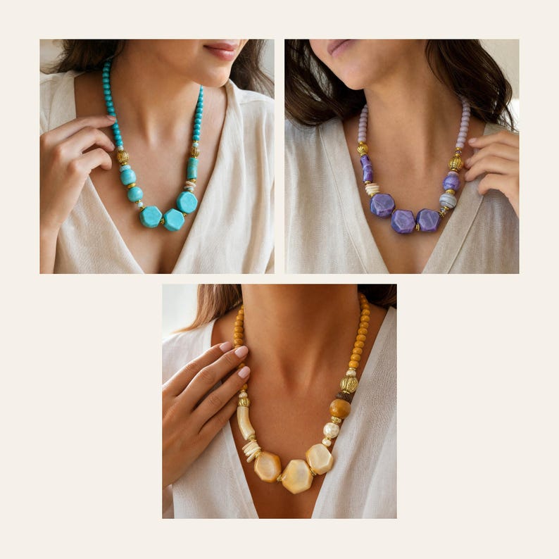 May include: Three necklaces featuring chunky geometric beads in turquoise, purple, and yellow. Each piece incorporates smaller round beads, metallic gold-toned spacers, and textured accents, creating a layered look with varied bead shapes and sizes.
