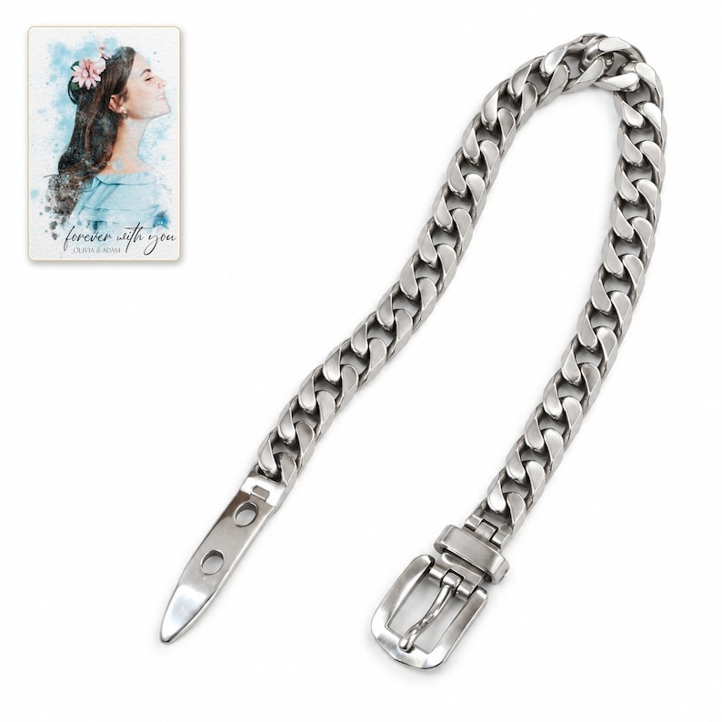 Open silver tone curb-chain bracelet on white, showing the pointed two-hole tab, buckle pin and keeper at separate ends. A personalized digital greeting card is shown alongside.