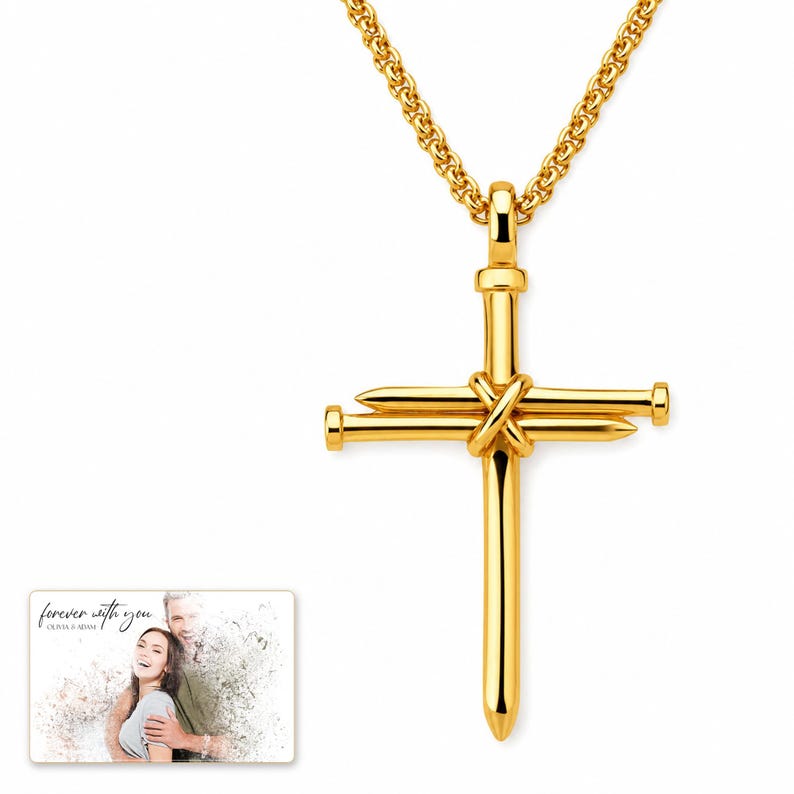 Forged Faith Nail Cross Necklace shown during a believable gift-giving moment between adults with the exact jewelry visible.