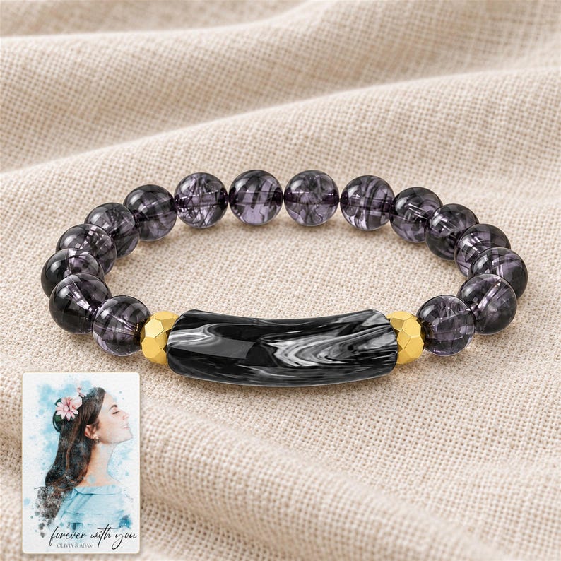 Midnight Marble Bar Bracelet arranged on soft ivory linen in a refined neutral flat lay. A personalized digital greeting card is shown alongside.