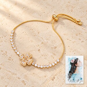 Golden Petal Slider Bracelet shown as the main Etsy hero photograph with a clear view of the complete design. A personalized digital greeting card is shown alongside.