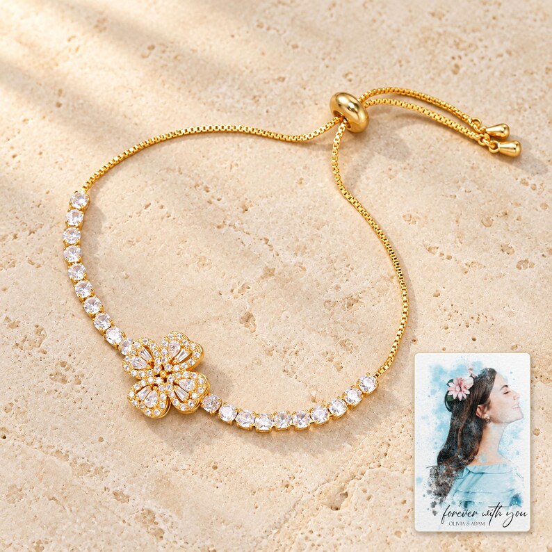 Golden Petal Slider Bracelet shown as the main Etsy hero photograph with a clear view of the complete design. A personalized digital greeting card is shown alongside.