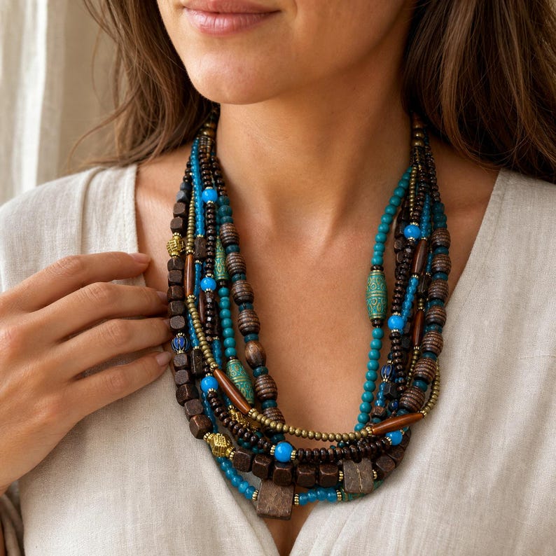 Turquoise blue and dark brown multistrand statement beaded necklace displayed on a jewelry bust with all turquoise, dark wood and antique brass strands visible