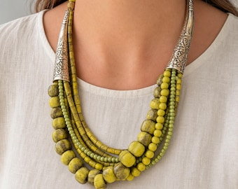 Multi Strand Beaded Necklace, Olive Green and Yellow with Silver Tone Cones