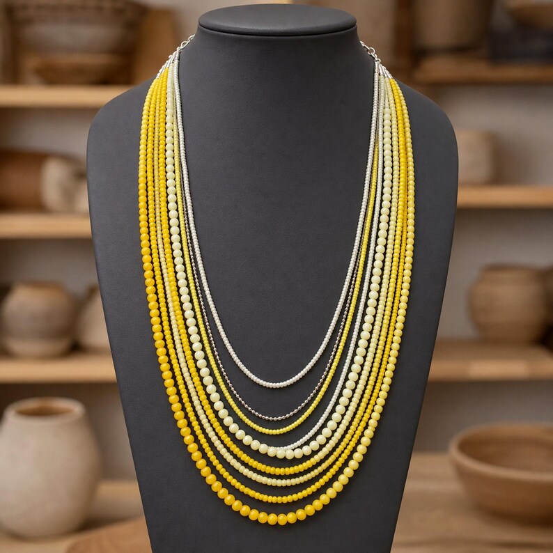 May include: A multi-strand necklace featuring graduated lengths of small, round beads in varying shades of yellow, ranging from pale lemon to deep golden yellow, interspersed with thin, metallic silver-toned chains on a black display bust.