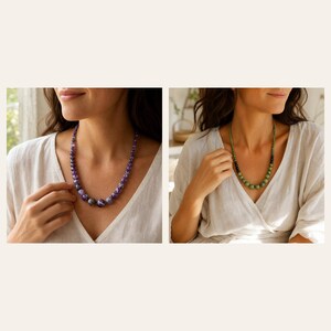 May include: A beaded necklace featuring round, polished purple amethyst stones in varying shades of violet and white. A second beaded necklace features round, polished green jade stones in shades of light and dark green with a smooth finish.