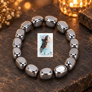 Metallic Grey Bead Bracelet, evening style view. A personalized digital greeting card is shown alongside.