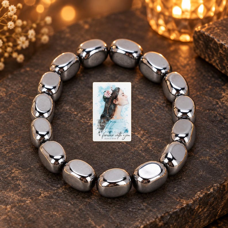 Metallic Grey Bead Bracelet, evening style view. A personalized digital greeting card is shown alongside.