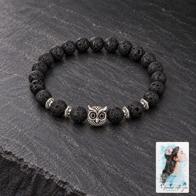 Black Lava Bead Bracelet, shown against a dark background. A sample personalized digital greeting card is shown alongside.