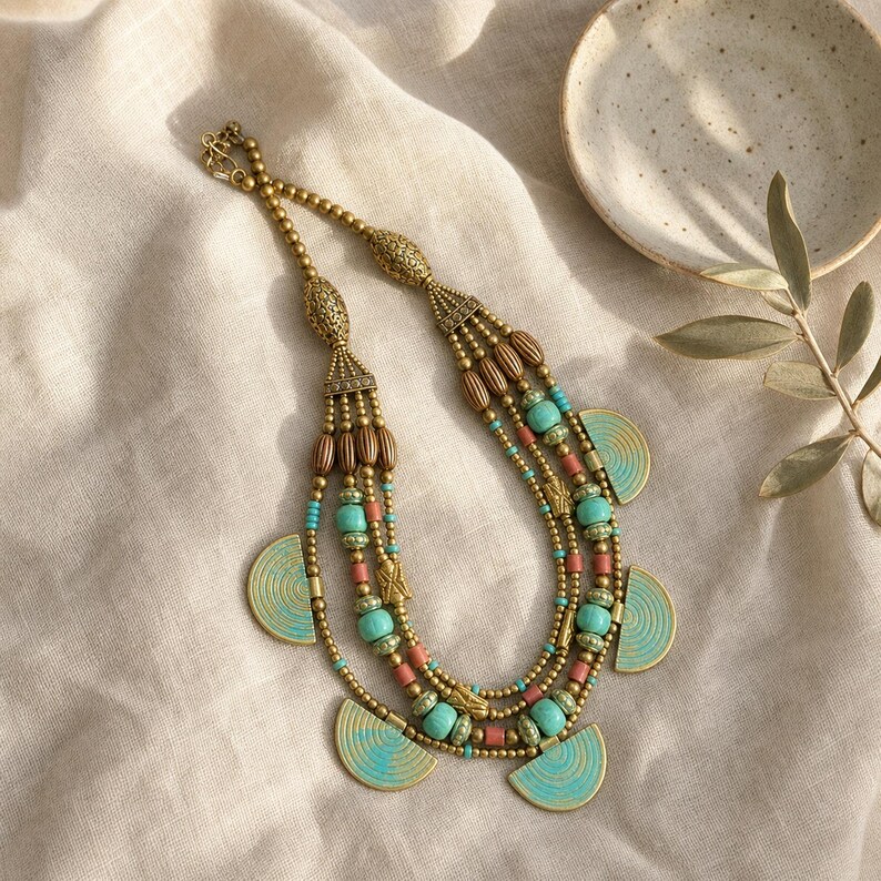 Gray and Silver Statement Beaded Necklace presented in an open jewelry gift box on natural linen