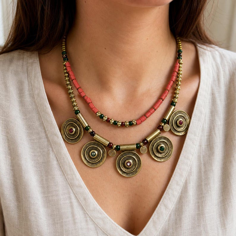 Brown and Bronze Statement Beaded Necklace presented in an open jewelry gift box on natural linen