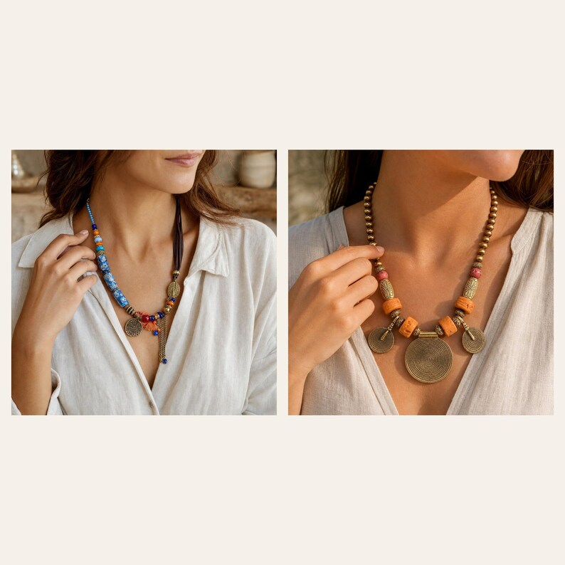 Beige och roséguldfärgat boho pärlhalsband, lager på lager hantverkssmycken 2 piece set