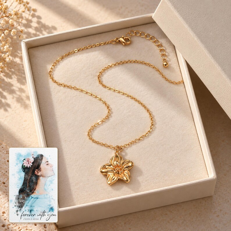 Gold Tone Flower Necklace, displayed in a presentation box. A sample personalized digital greeting card is shown alongside.