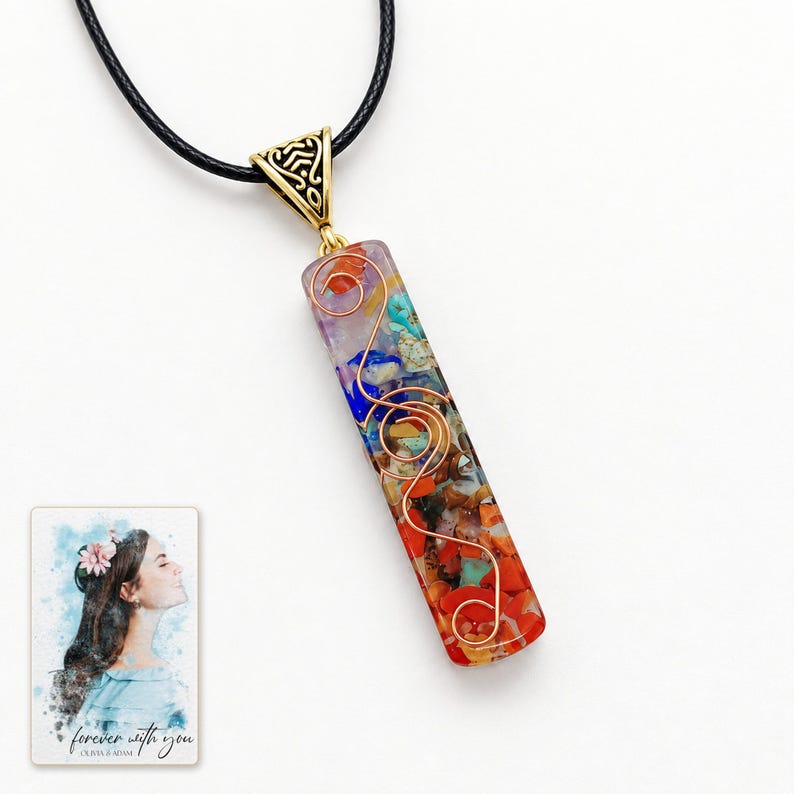 Colorful Bar Pendant Necklace, catalog view. A personalized digital greeting card is shown alongside.